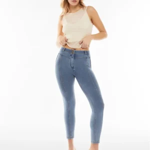 WR.UP Push-Up Button High Waist Skinny 7/8 Denim Jeans - Medium Blue - Yellow Seam