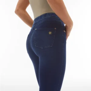 N.O.W. Comfort High Waist Skinny 7/8 Denim Jeans With Front Seam and Split Detail - Denim Dark Blue - Blue Seam