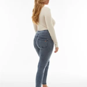 N.O.W. Yoga Mid Waist Skinny 7/8 Denim Jeans With Knee Patches - Denim Medium Blue - Blue Seam