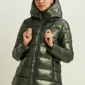 Women's glossy down jacket with protective hood and drawstring