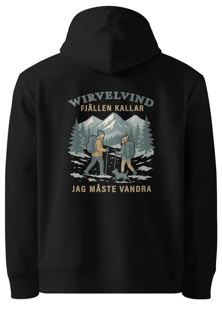 Ekologisk hoodie svart – Wirvelvind “Fjällen kallar” med vandringstryck - Bild 4