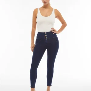 WR.UP Push-Up Button High Waist Skinny 7/8 Denim Jeans - Denim Dark Blue - Yellow Seam