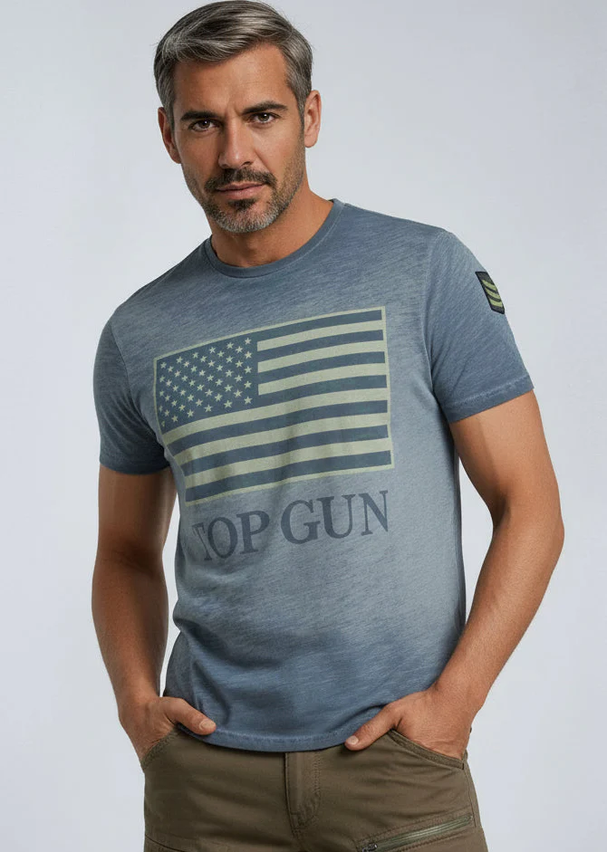 Rundhalsad bomulls-T-shirt "US vintage Flag" Blå - Bild 2