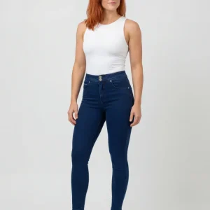 N.O.W. Comfort Mid Waist Skinny 7/8 Denim Jeans - Denim Dark Blue - Blue Seam