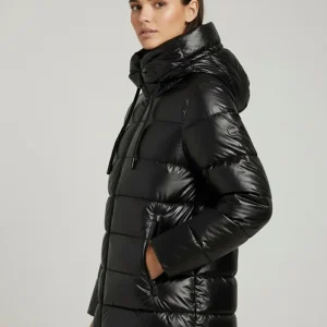 Women's glossy down jacket with protective hood and drawstring