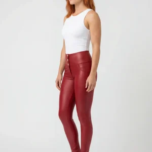 WR.UP Push-Up Button High Waist Skinny Vegan Leather Pant - Deep Claret Red