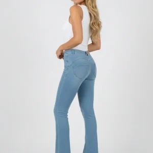 WR.UP Push-Up Regular Waist Mini Flare Denim Jeans - Denim Light Blue - Yellow Seam